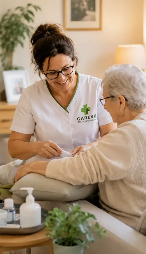 Care4U-verpleegkundige verzorgt een oudere vrouw aan huis